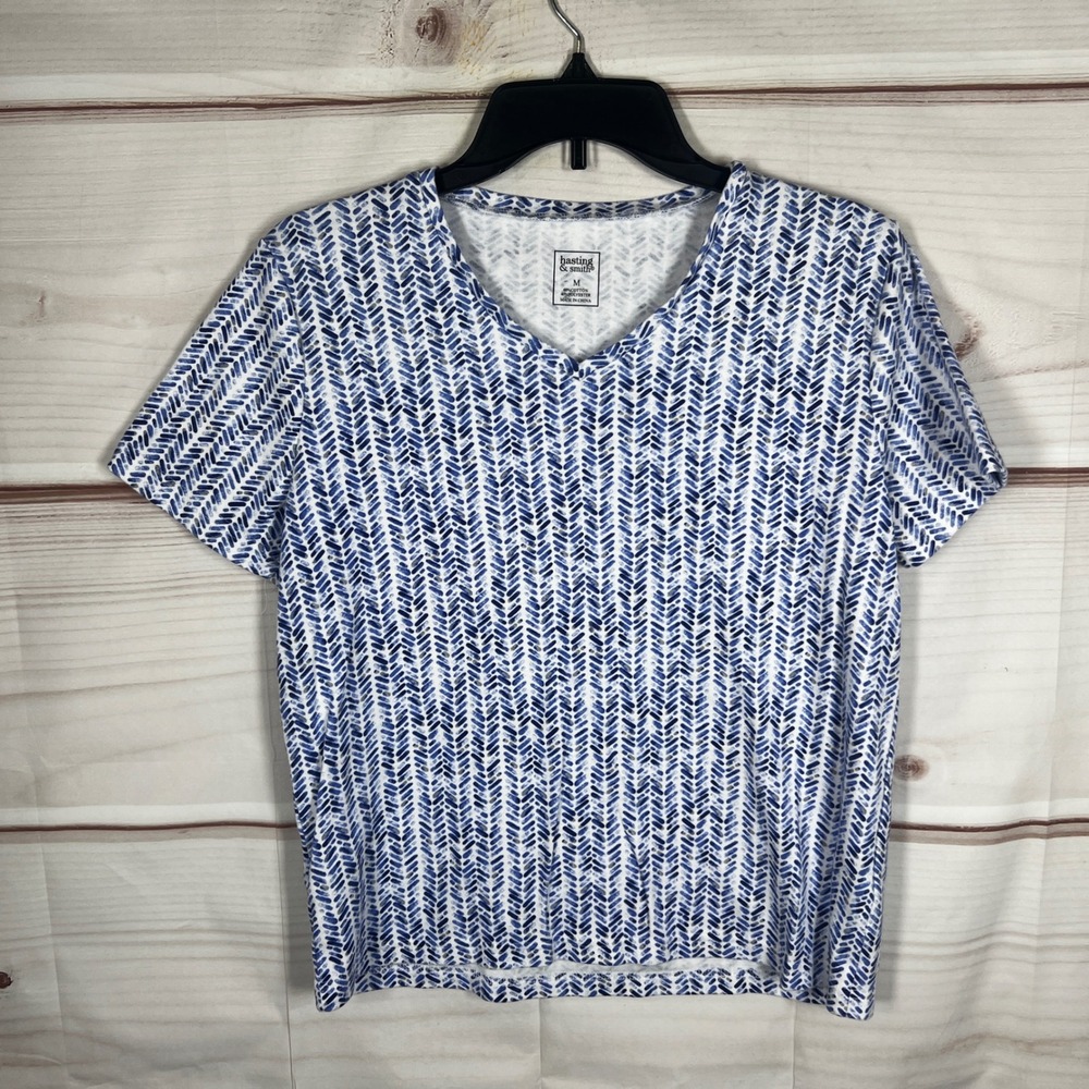 Hasting & Smith V-Neck Top Women Medium Blue Geometric Short Sleeve T-Shirt Knit